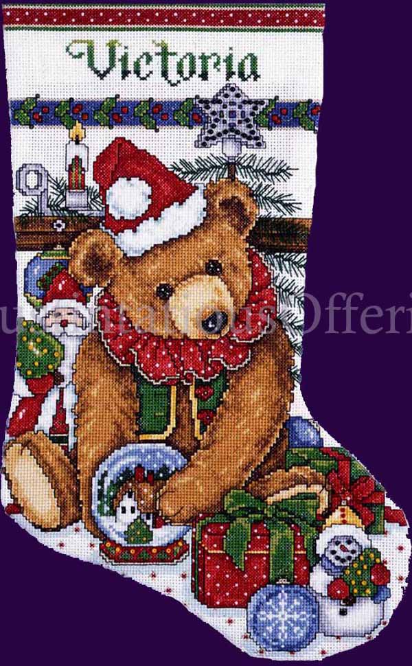 Elliott Victorian Christmas Bear Cross Stitch Christmas Stocking Kit Teddy ...