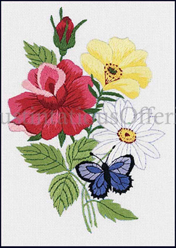 Eleanor Engel Butterfly Floral Crewel Embroidery Kit Roses and Daisy