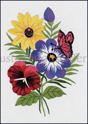 Eleanor Engel Butterfly Floral Crewel Embroidery Kit Pansy and Anemone