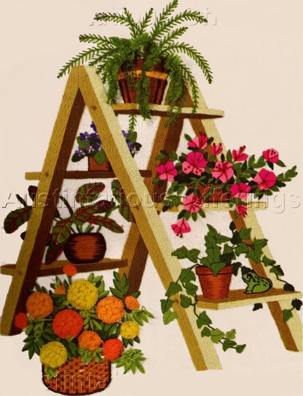 RARE GERRISH GARDEN LADDER CREWEL EMBROIDERY KIT FERN MARIGOLDS PETUNIAS