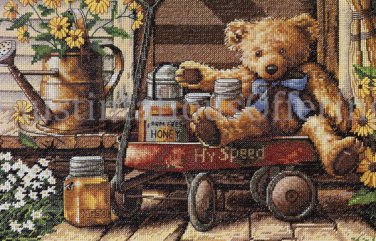 RARE DOUG KNUTSON TEDDY BEAR CROSS STITCH KIT HONEY LITTLE RED WAGON