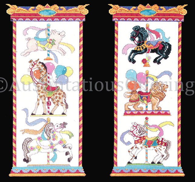 Rare Merry Go Round Cross Stitch Kit Carousel Panel Pair Lion Giraffe