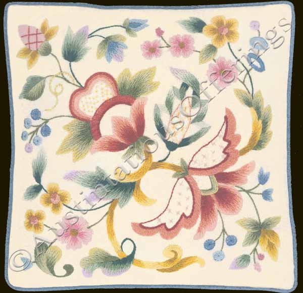 RARE JOAN MARCHIE AUTUMNAL TONES JACOBEAN CREWEL EMBROIDERY PILLOW KIT SCROLLING FLORAL