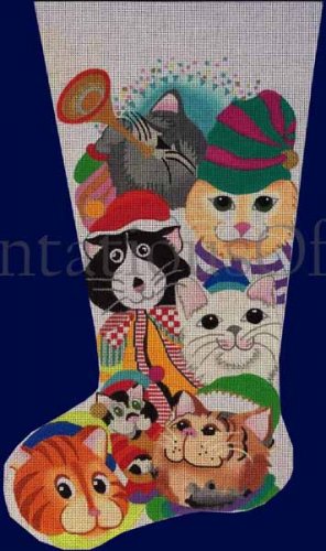 Rare Dede Ogden Hand Painted Needlepoint Stocking Canvas Christmas Kitty Cats