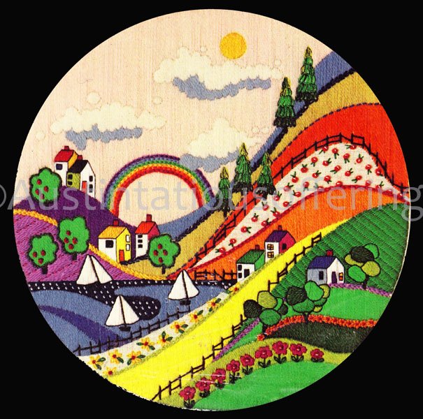 RARE MCDOWELL FOLK ART VALLEY CREWEL KIT HILLSIDE COUNTRY VILLAGE