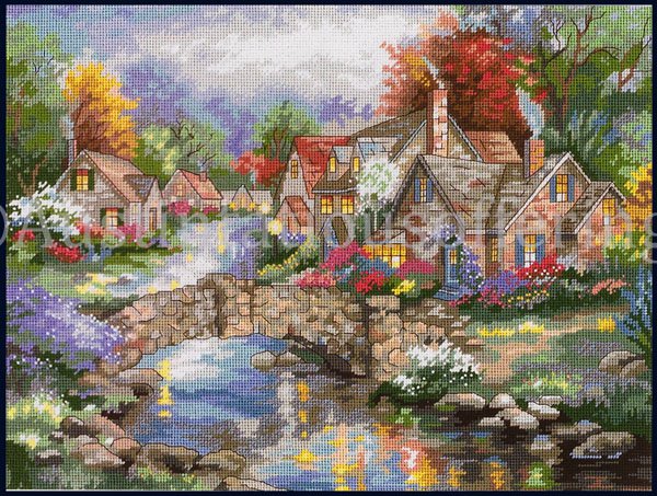 Rare Nicky Boehme Riverside Village Needlepoint Kit Stonehedge Bridge