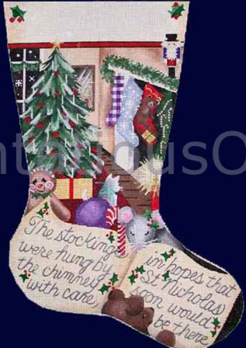 Rare Night Before Christmas Series Hand Painted Needlepoint Stocking Canvas Stockings Were Hung