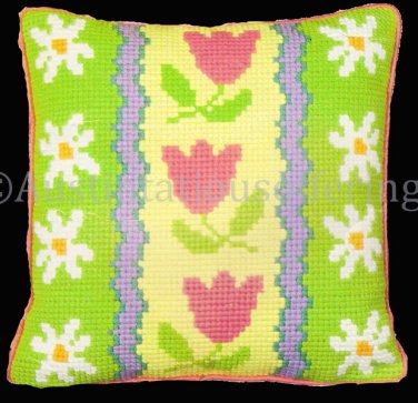 RARE TWILLEYS TULIPS DAISIES LARGE COUNT WOOL CROSS STITCH PILLOW KIT PINK TULIP DAISY
