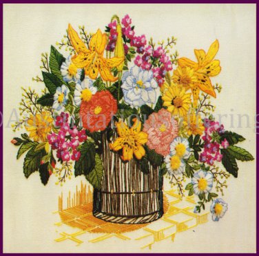 RARE GEORGIA BALL SUMMER LILIES CREWEL EMBROIDERY KIT RUSTIC BUCKET VIBRANT FLORAL