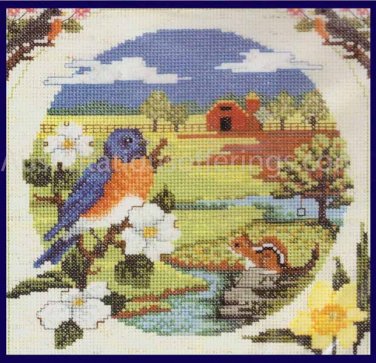 RARE SPRINGTIME COUNTRYSIDE BLUEBIRDS AND BLOSSOMS COUNTED CROSS STITCH KIT