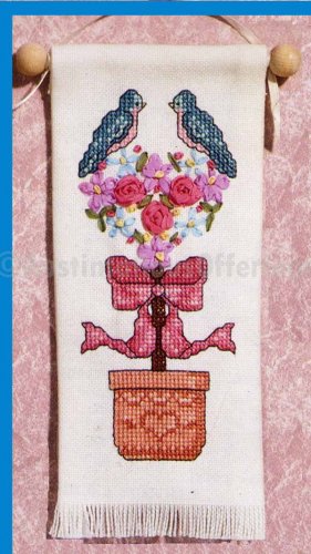 BIRDS IN TOPIARY BANNER CROSS STITCH AND SILK RIBBON EMBROIDERY KIT