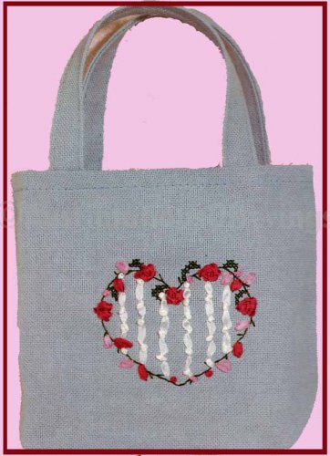 STRIPED HEART SMALL TOTE SILK RIBBON EMBROIDERY KIT SUITS BEGINNING STITCHERS