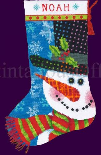 Janis Boehm Art Repro Christmas Snowman Fancy Tophat Needlepoint Stocking kit