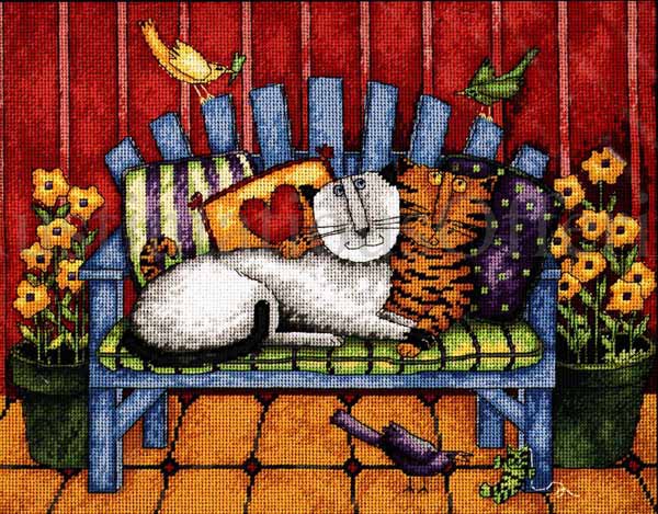 RARE DEBI HRON NEEDLEPOINT KIT COLORFUL KITTY CATS ON THE PORCH LOVESEAT