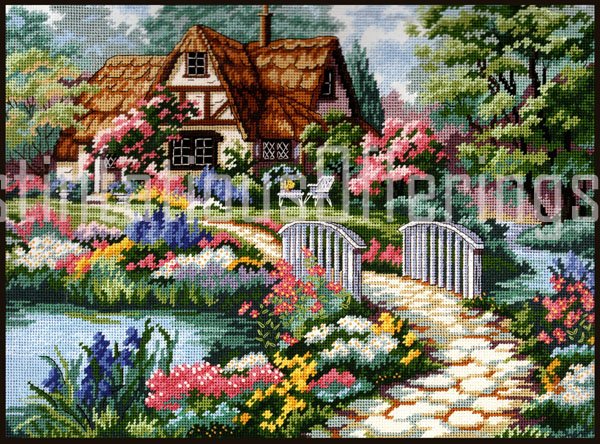 Barb Mock Thatched Country Cottage Needlepoint Kit Peaceful Garden Retreat