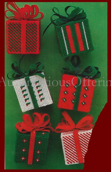 Rare Mini Gift Box Ornaments Set Plastic Canvas Needlepoint Kit