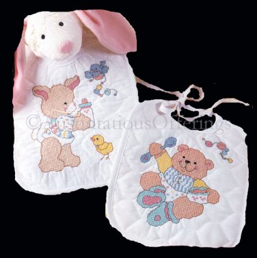 Rare Patchwork Bear Bunny Bib Set Stamped Cross Stitch Kit