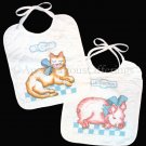 Rare Patchwork French Animal Bib Set Stamped Cross Stitch Kit Cat Pig