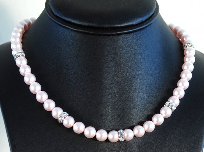 Designer bridal, crystal necklace jewelry, Swarovski Rosaline Pearls / Crystal / Silver - NEC 0019