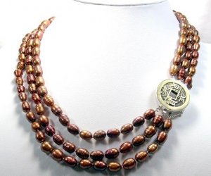 10mm-12mm 3 Row Genuine Chinese Coffee Cultured Pearl Necklace