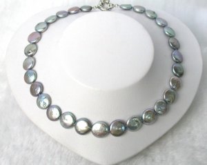 13mm Round Genuine Grey Pearl Coin Necklace
