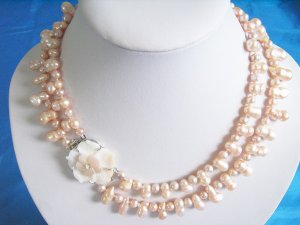14mm Genuine Double Strand Pink Peanut Fresh Water Pearl Necklace