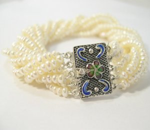 Twisted 10 Row White Pearl Bracelet