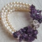 3 Row Genuine White Freshwater Pearls and Amethyst Bracelet