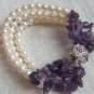 3 Row Genuine White Freshwater Pearls and Amethyst Bracelet