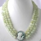 3 Row Green Jade Necklace with Cameo Agate Clasp
