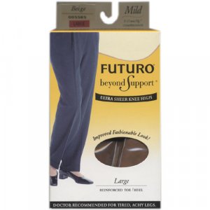 Futuro Beyond Support Ultra Sheer Knee High, Reinforced Toe/Heel, Large/ Beige / Mild 8-15 mm/Hg Com