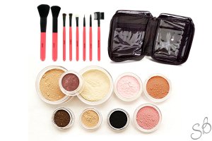 21pc Mineral makeup kit foundation eye shadow pink brushes-Fairly light-Light-Medium-Tan-Dark-Deep