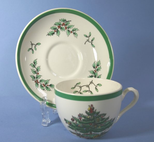 Spode Christmas Tree (Green Trim) Flat Cup & Saucer Set