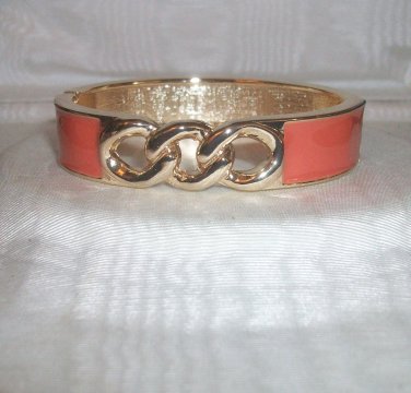 Gold Tone Link Bangle Bracelet with Hermes Orange Enamel