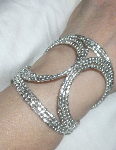 Cut Out Design Silver Tone Bead Flex Cuff Bracelet