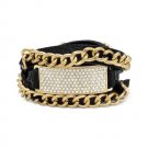 Adjustable Black Leather Wrap Bracelet with Gold Tone Chain
