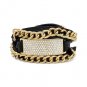 Adjustable Black Leather Wrap Bracelet with Gold Tone Chain