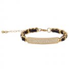 7" + 2" Thin Black Leather ID Bracelet with Gold Tone Chain