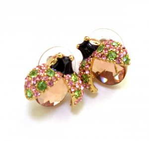 Lady Beetle Crystal Stud Earrings (Pink)