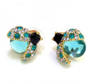Lady Beetle Crystal Stud Earrings (Blue)