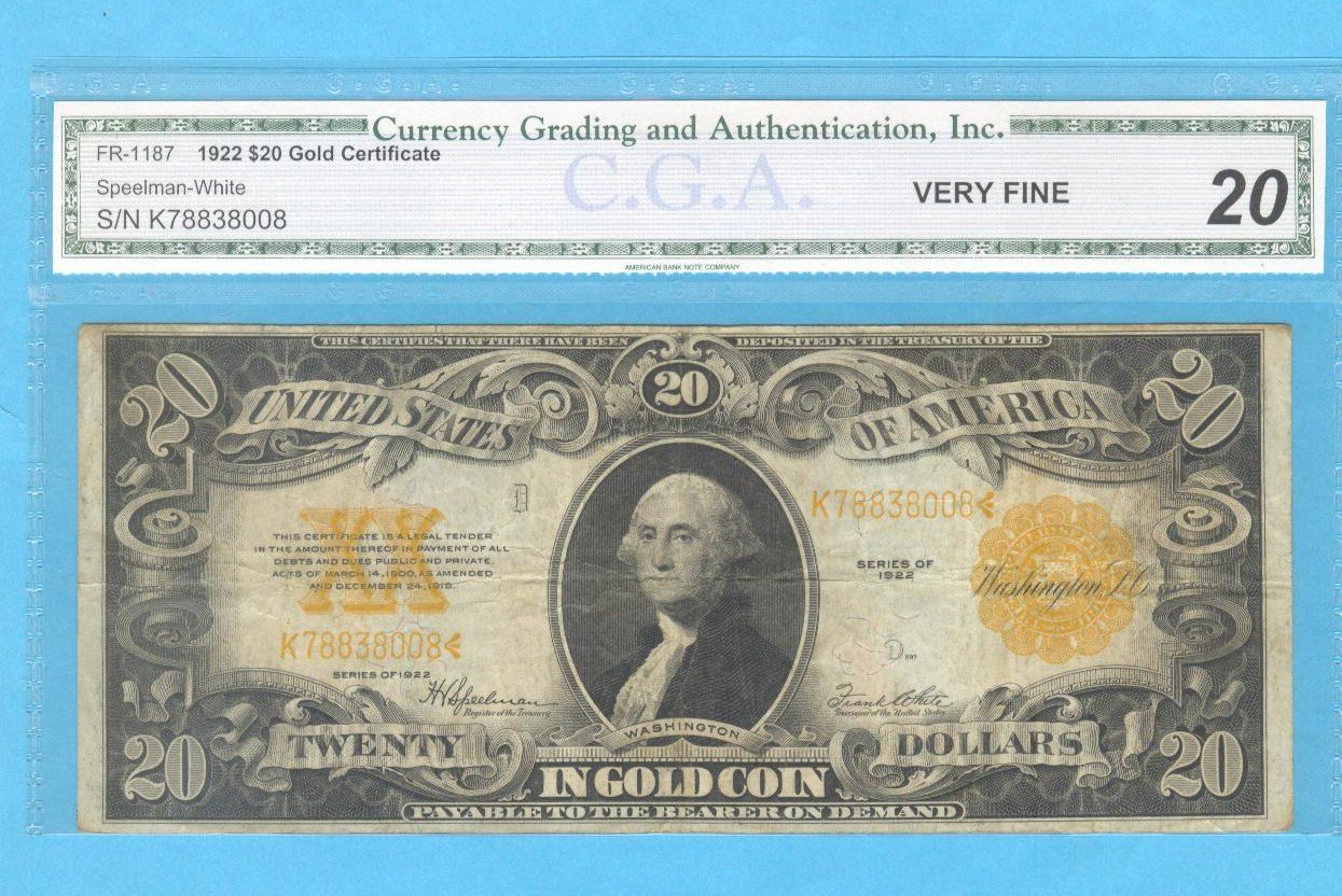 $20 1922 GOLD certificate CGA VF 20