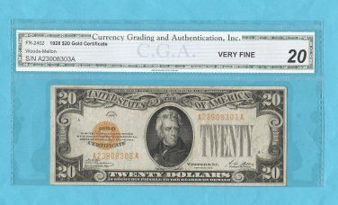 ~~~ 1928 ~~~ $20.00 ~~~~ GOLD Certificate VF-20 = A23908303A
