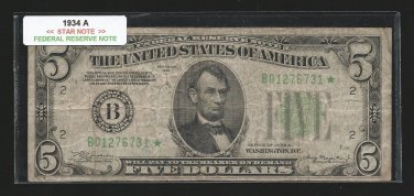 1934A  " B "  STAR $5.00 FRN  B01276731*