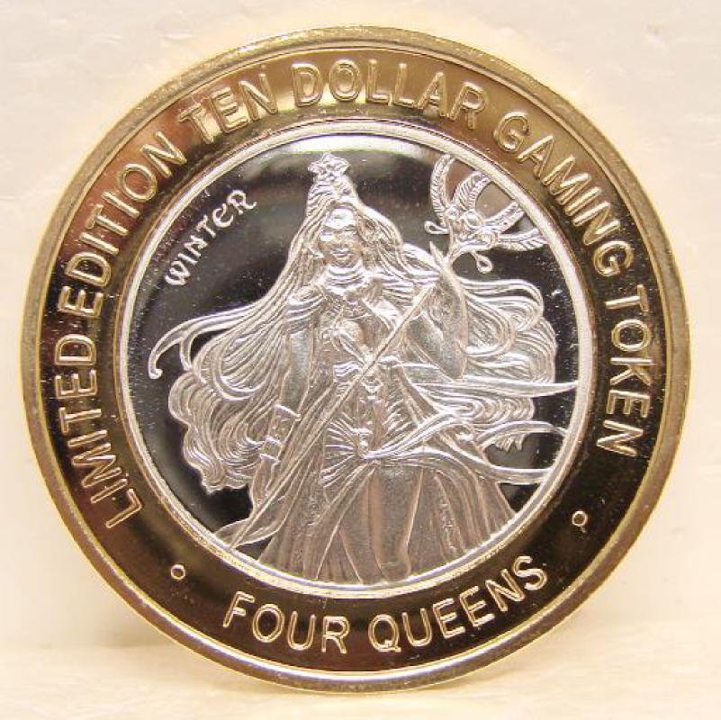 4 QUEENS 10.00 Gaming Token Silver Strike Winter Fremont St. Las