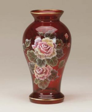 Handpainted Ruby Vase Victorian Roses