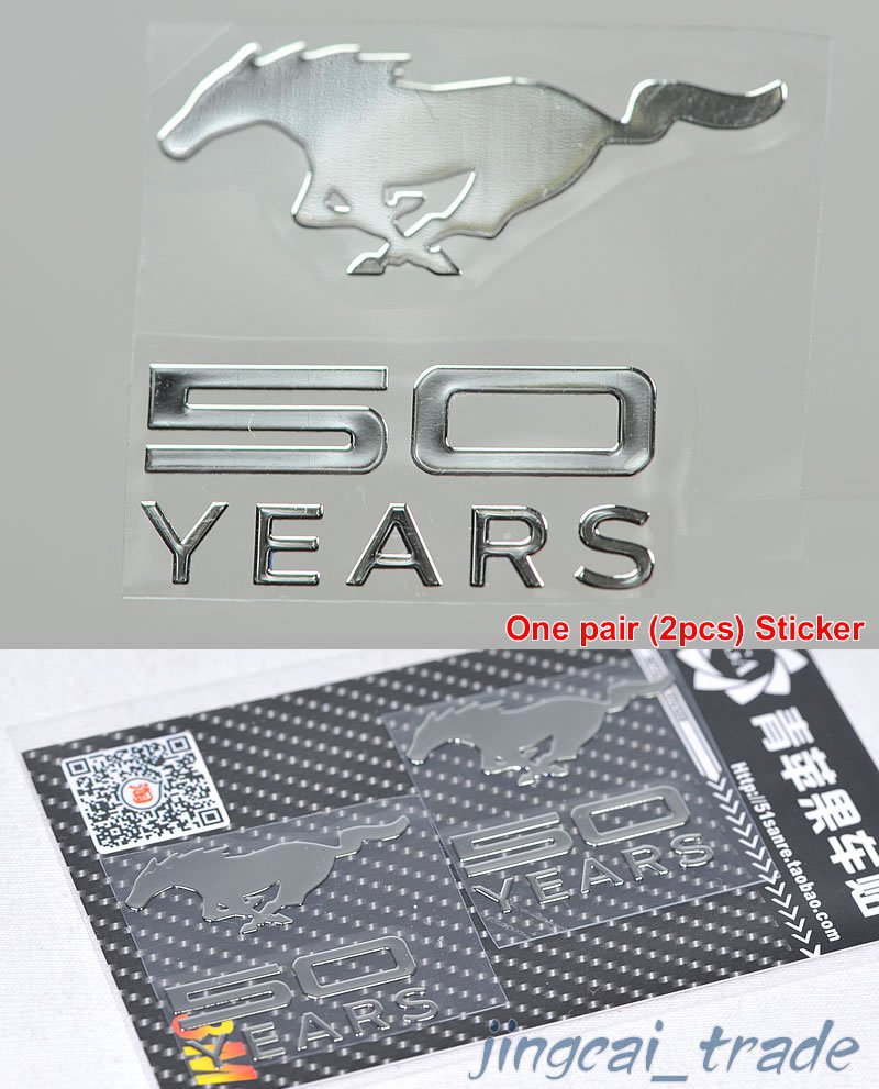 Pair (2 pcs) Polished Chrome Mustang 50 Years OEM Logo Car Emblem Sticker Decal