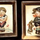 Vintage Napco Boy and Girl Children Wall Plaque Set Artist Signed Norton Ceramic Bisque Glossy Glaze