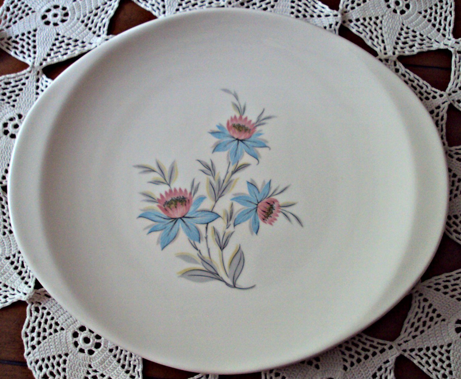 Steubenville Pottery Platter Fairlane Pattern Cactus Rose Tiffany Blue