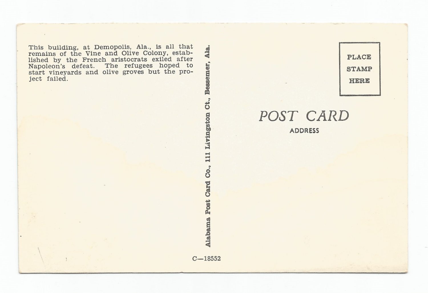 Vine and Olive Colony Demopolis Alabama Postcard