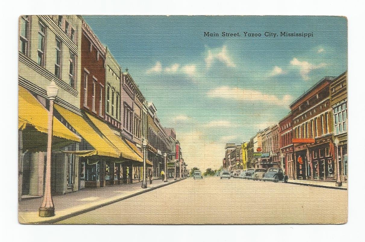 Early Main Street Yazoo City Mississippi Linen Tichnor Postcard